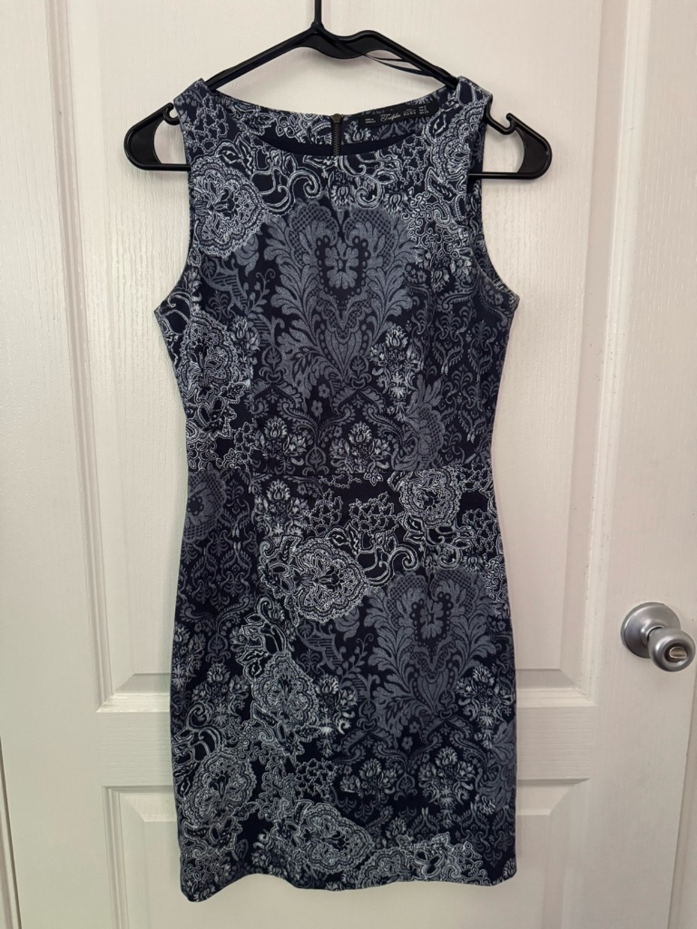 Zara Navy and Light Blue Floral Jacquard Sheath Dress